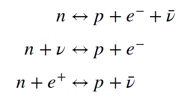 Three equations. First: One neutron yields one proton, one electron and one antineutrino, and the other way around. Second: one neutron plus one neutrino yields one positron and one electron, and the other way around. Third: one neutron and one positron yields one proton and one antineutrino, and the other way around.