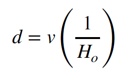 Equation. Distance equals velocity times one over the Hubble constant.