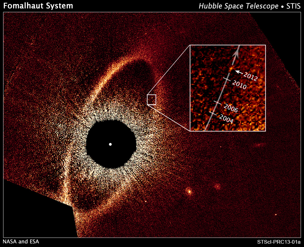Direct coronagraph image taken of Fomalhaut, showing evidence of an orbiting planet.
