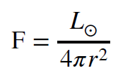 Equation. Flux equals L circled dot over 4 pi r squared, where L circle is the total energy output of the sun. The notation for sun is a circle with a dot in the middle.