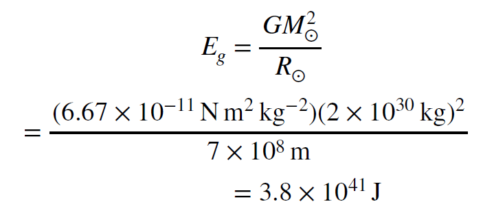 Equation, solved. E sub g equals G M circled dot squared over R circled dot, which is solved to be 3.8 times 10 to the 41 Joules.