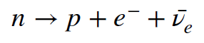 Chemical equation. One neutron yields one proton, one electron and one antineutrino.