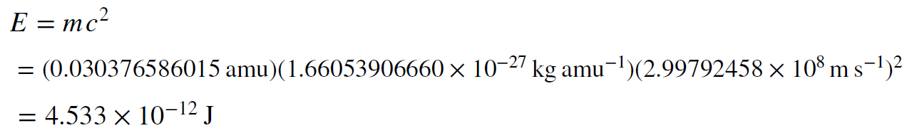 Equation, e equals m c squared. Solved to 4.533 times 10 to the negative 12 Joules.