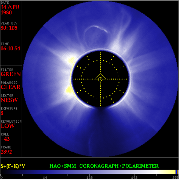 Image of the solar corona taken using a disk to block the bright solar surface, allowing the faint corona to be observed.