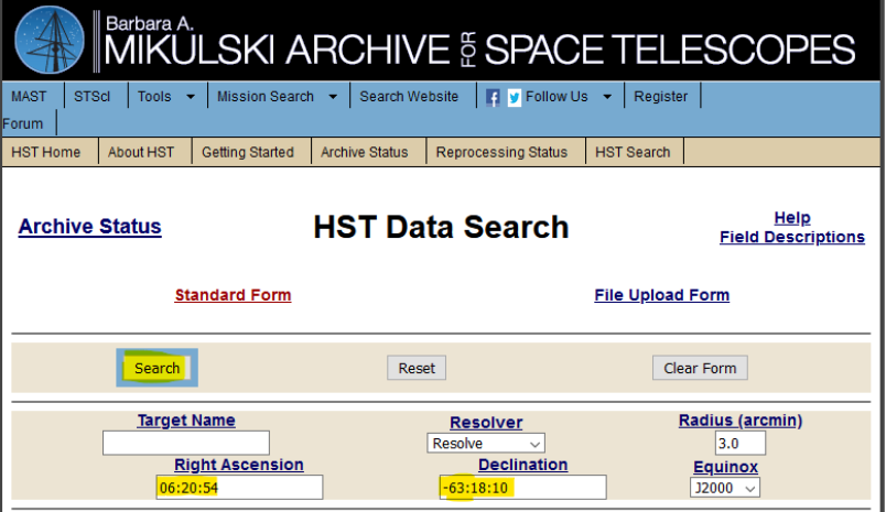 HST Data Search Screen Shot
