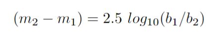 The magnitude of object two minus the magnitude of object one equals two point five times the logarithm of the quotient of the luminosity of object one divided by the luminosity of object two.